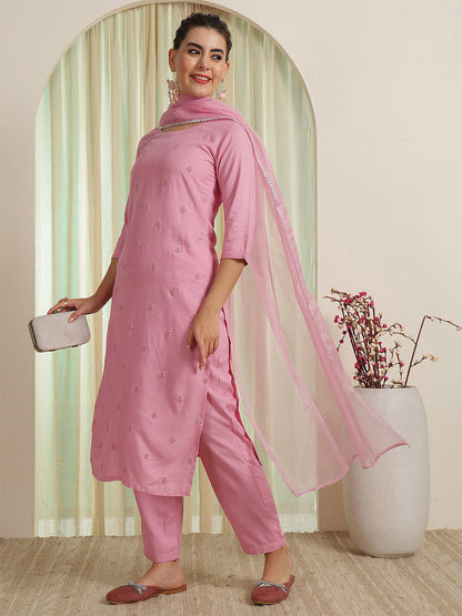 Mirror Embroidery Kurta & Palazzos With Dupatta