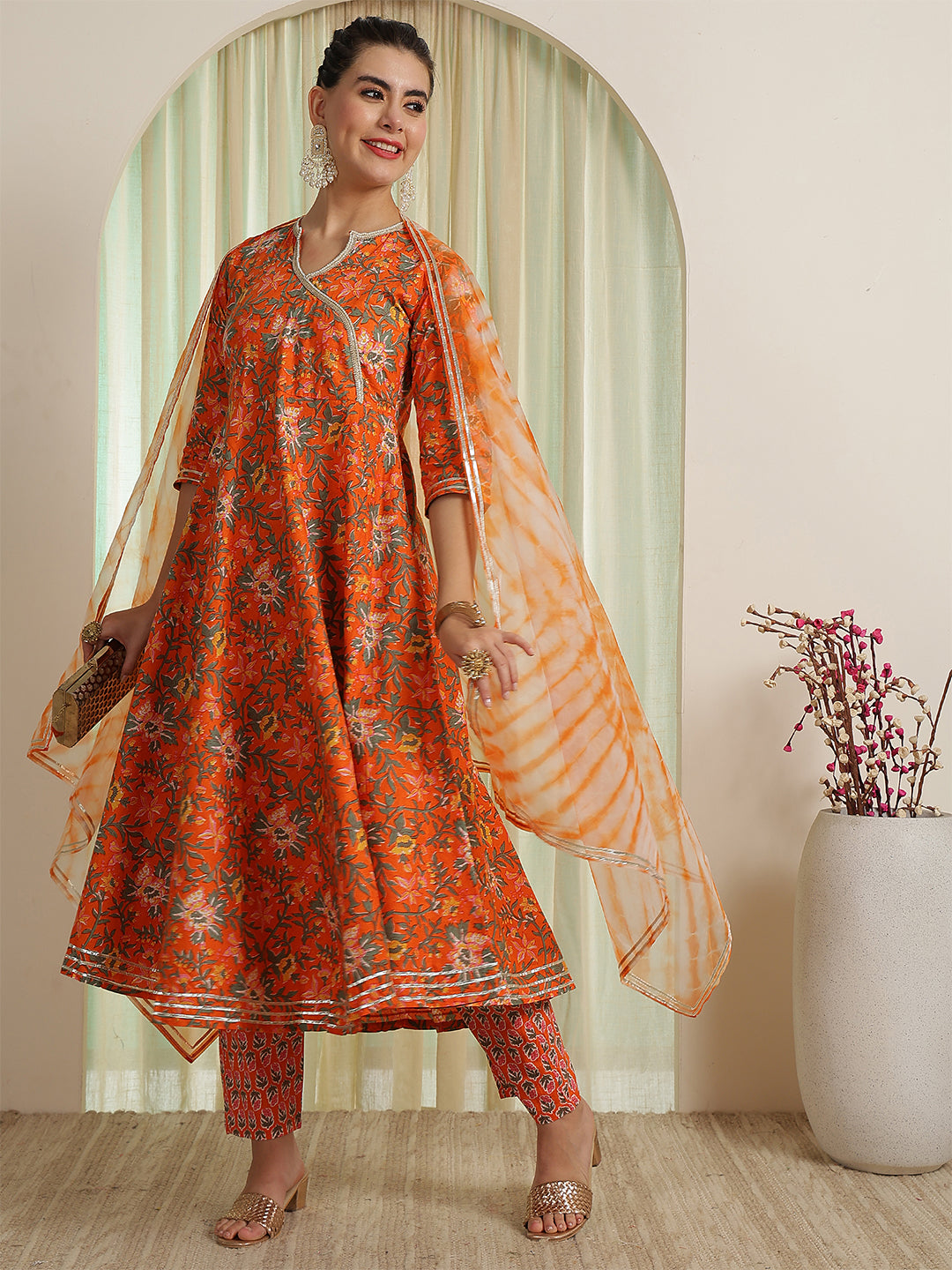 Orange Printed Party Wear Side Pocket Kurta &amp; Pant With Shaded Dupatta