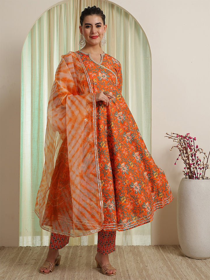 Orange Printed Party Wear Side Pocket Kurta &amp; Pant With Shaded Dupatta