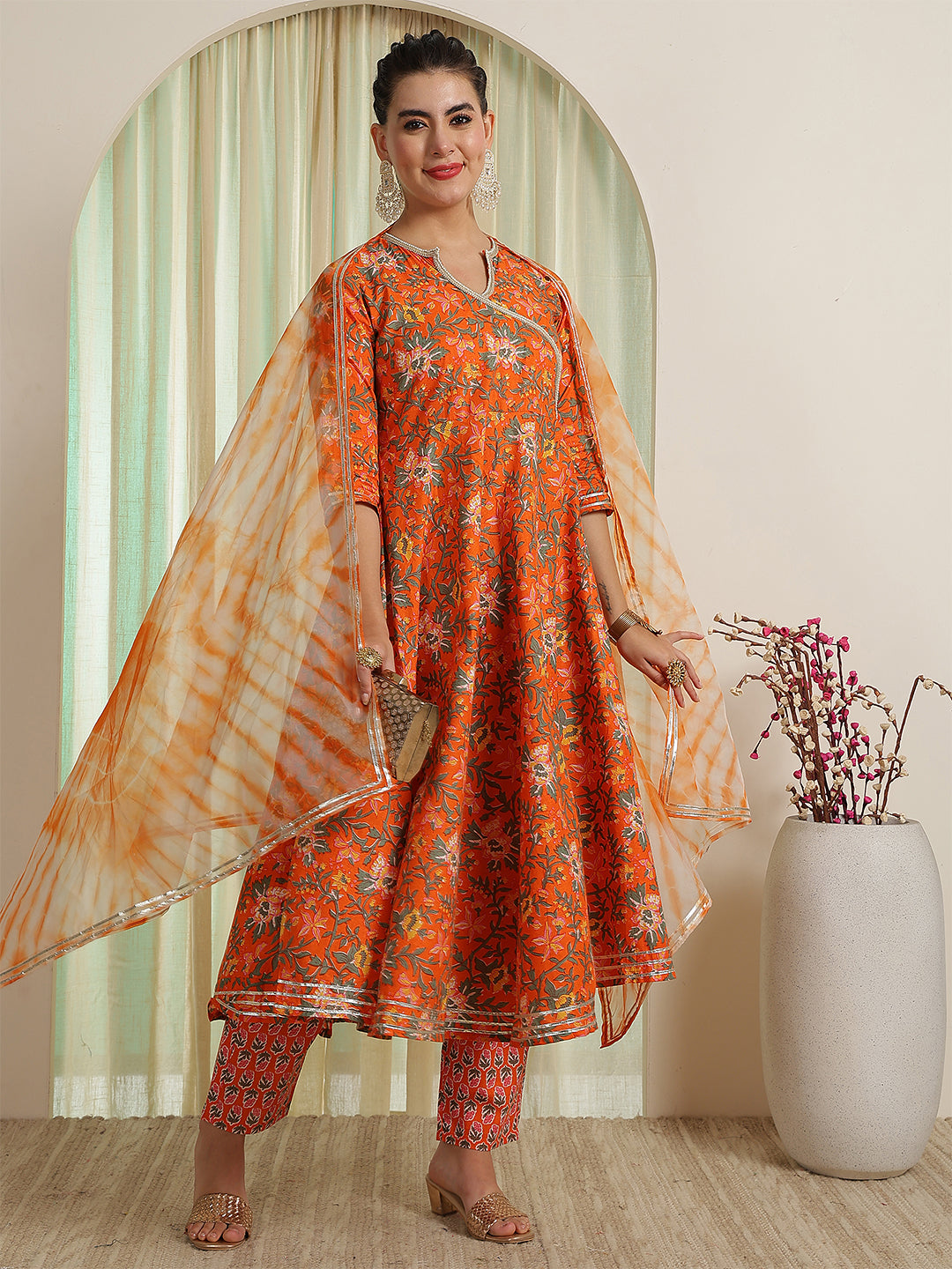 Orange Printed Party Wear Side Pocket Kurta &amp; Pant With Shaded Dupatta