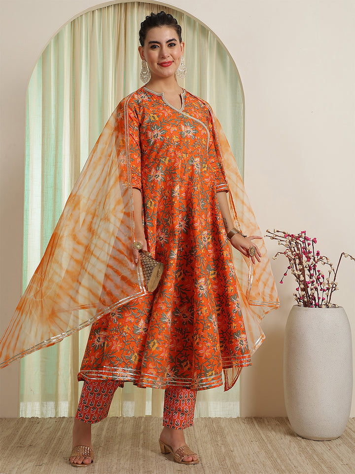 Orange Printed Party Wear Side Pocket Kurta &amp; Pant With Shaded Dupatta