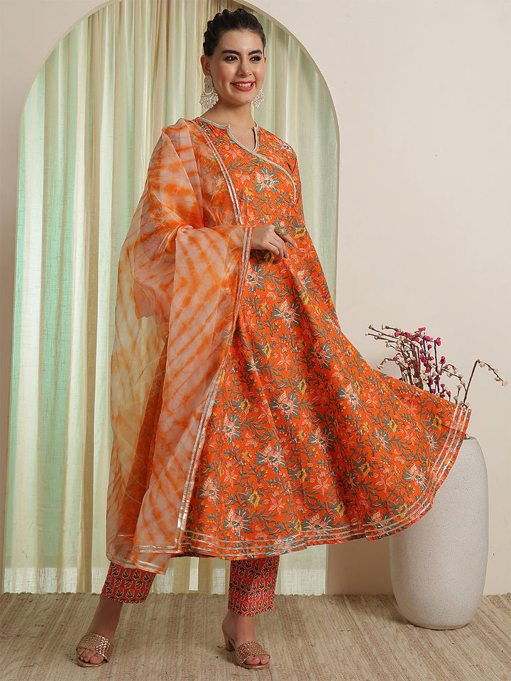 Orange Printed Party Wear Side Pocket Kurta &amp; Pant With Shaded Dupatta