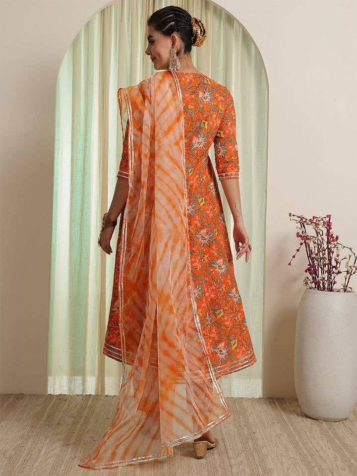 Orange Printed Party Wear Side Pocket Kurta &amp; Pant With Shaded Dupatta