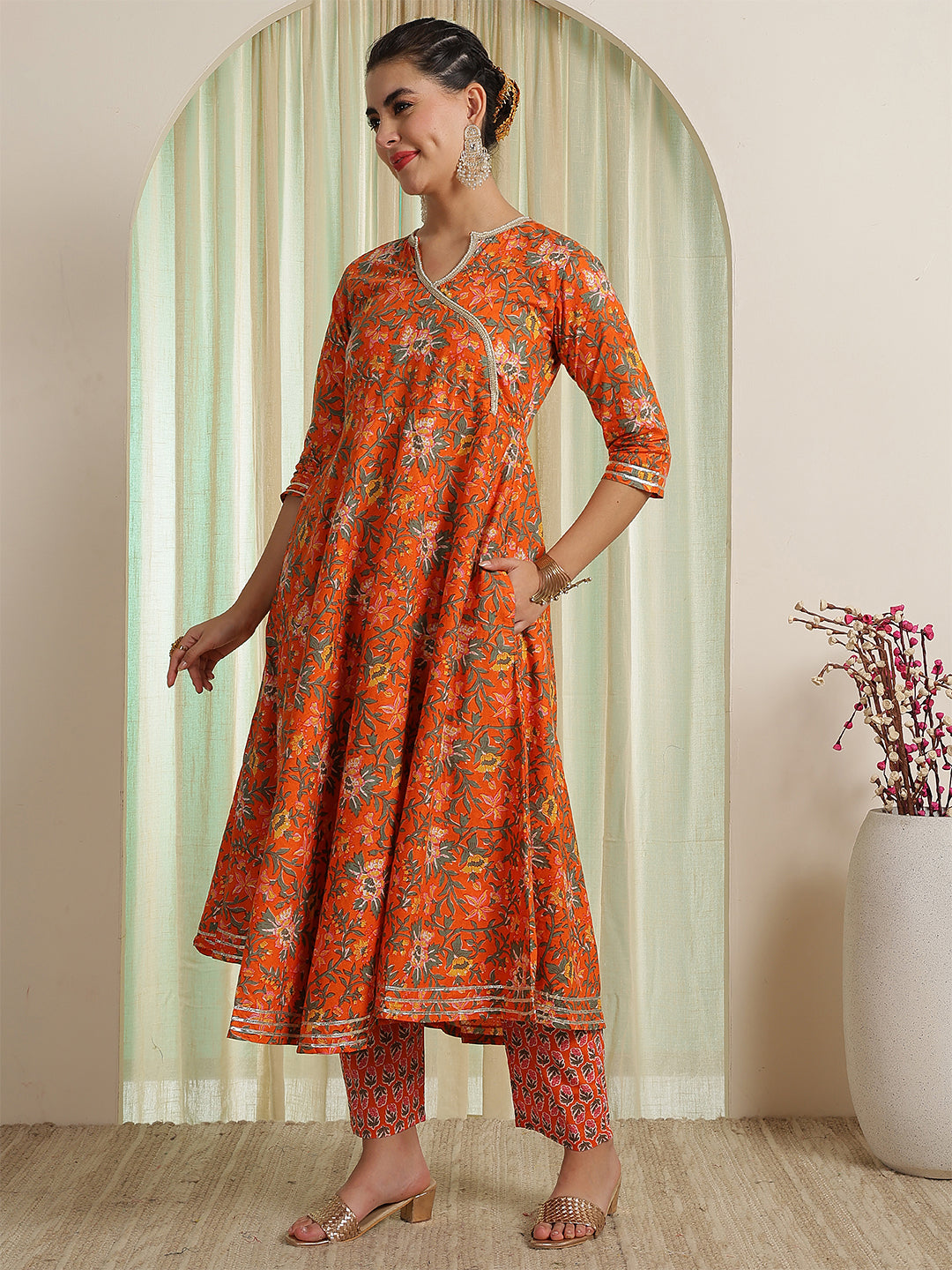 Orange Printed Party Wear Side Pocket Kurta &amp; Pant With Shaded Dupatta