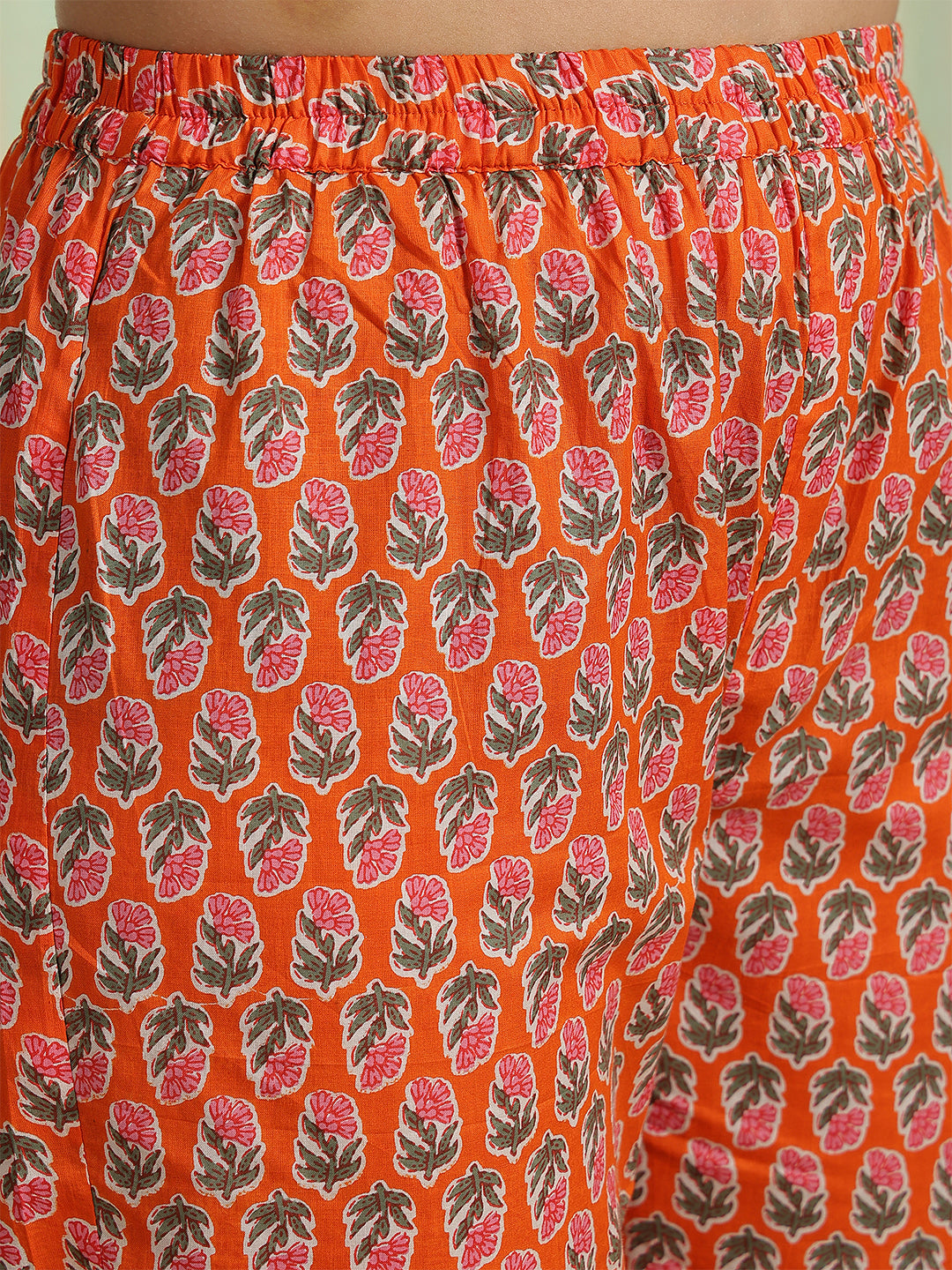 Orange Printed Party Wear Side Pocket Kurta &amp; Pant With Shaded Dupatta