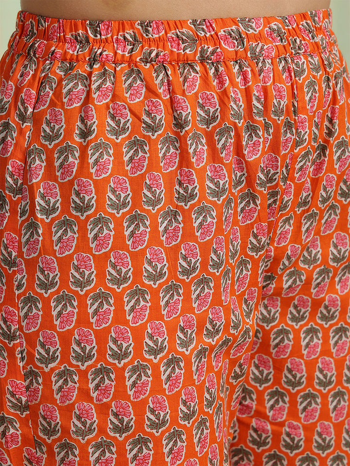 Orange Printed Party Wear Side Pocket Kurta &amp; Pant With Shaded Dupatta