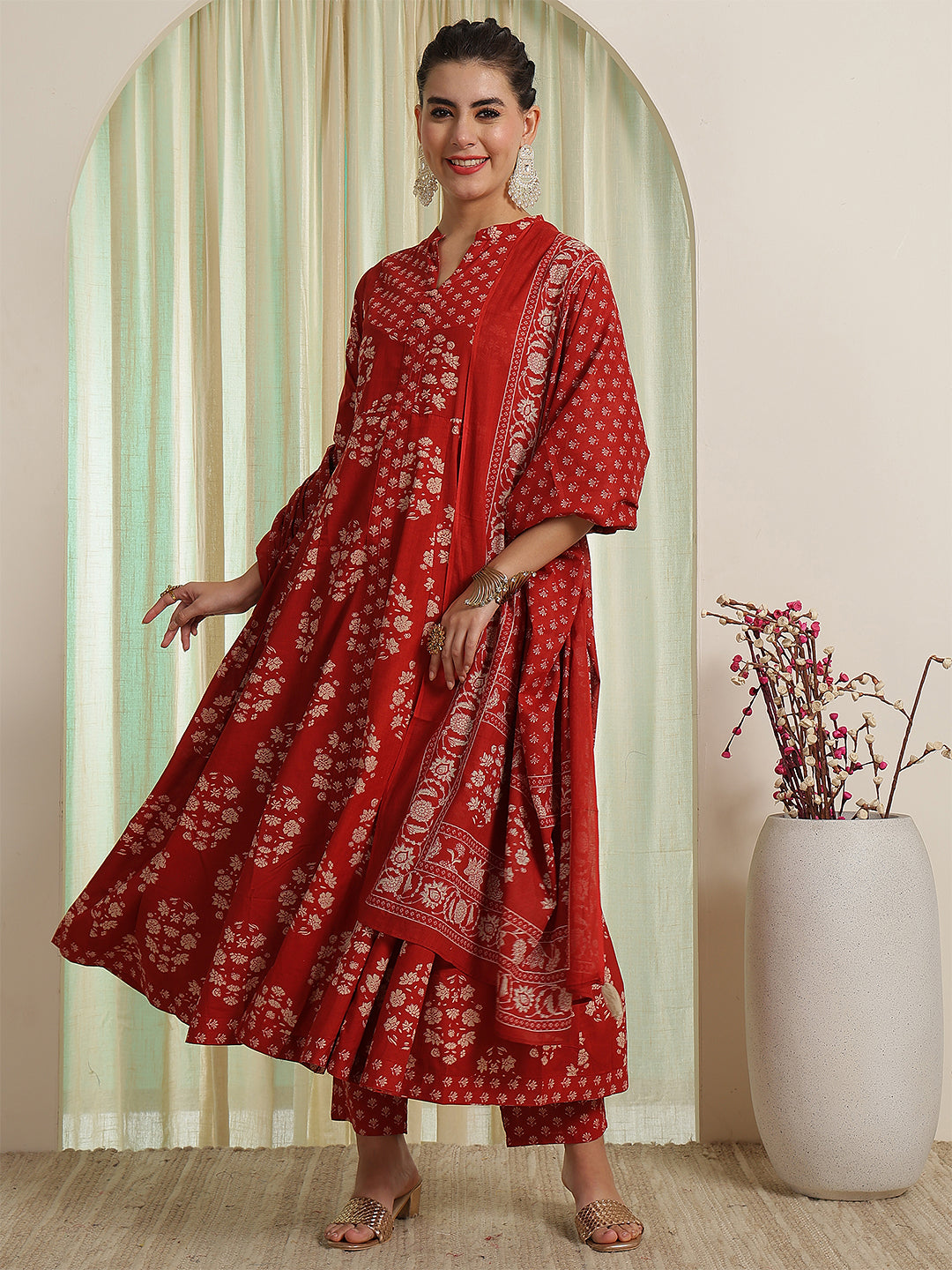 Rust Red Printed Anarkali Kurta &amp; Pant With Dupatta