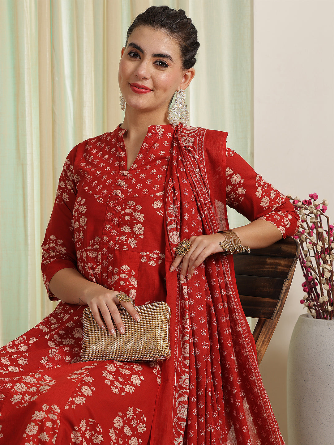 Rust Red Printed Anarkali Kurta &amp; Pant With Dupatta