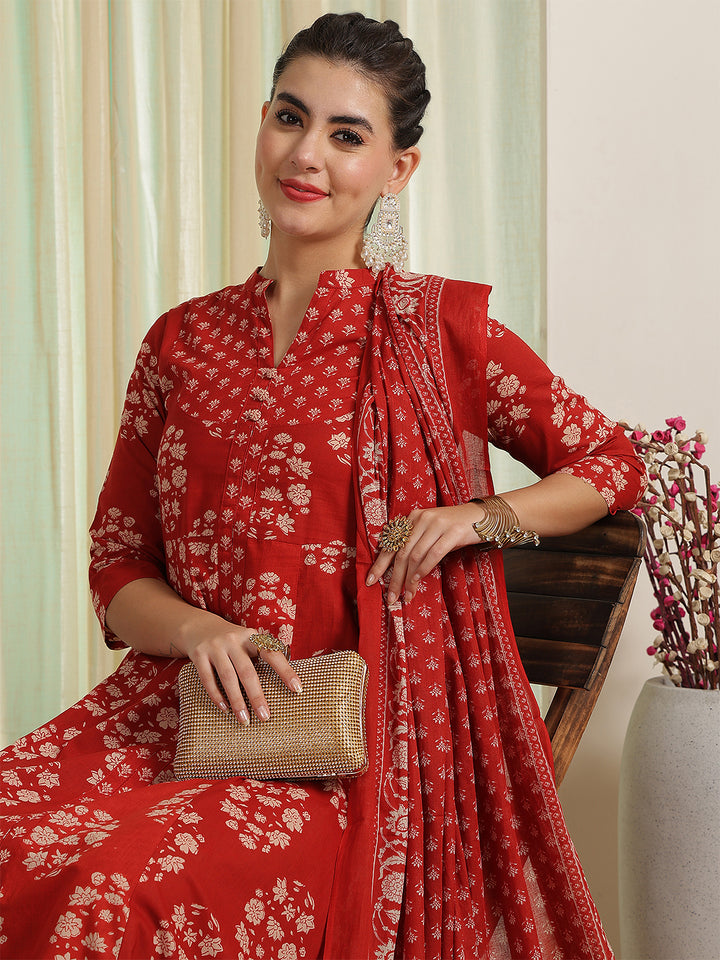 Rust Red Printed Anarkali Kurta &amp; Pant With Dupatta