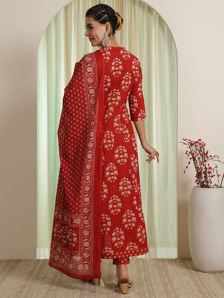 Rust Red Printed Anarkali Kurta &amp; Pant With Dupatta