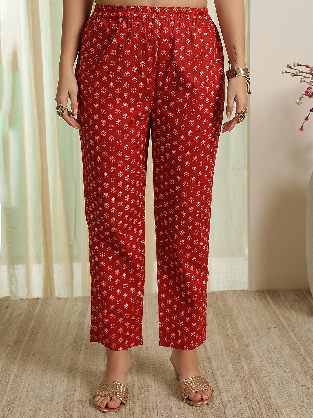 Rust Red Printed Anarkali Kurta &amp; Pant With Dupatta