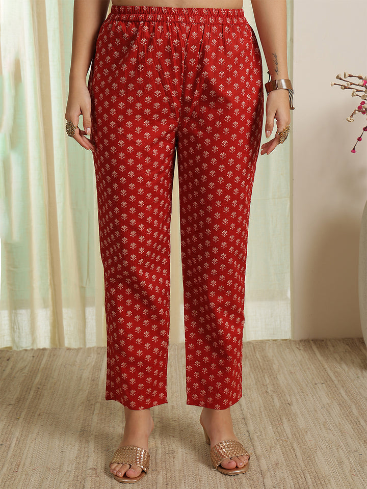 Rust Red Printed Anarkali Kurta &amp; Pant With Dupatta