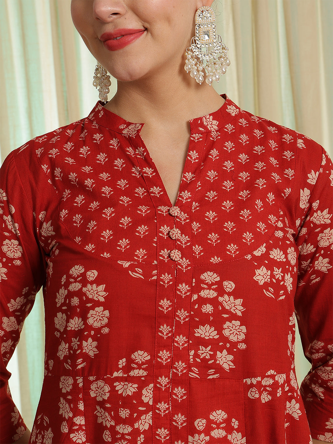 Rust Red Printed Anarkali Kurta &amp; Pant With Dupatta