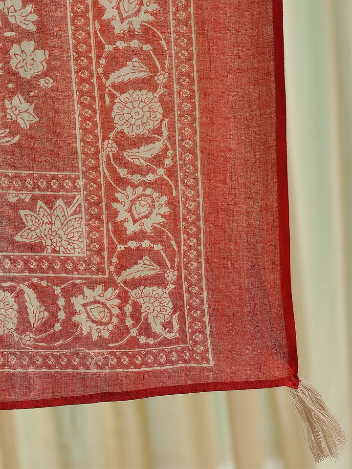Rust Red Printed Anarkali Kurta &amp; Pant With Dupatta