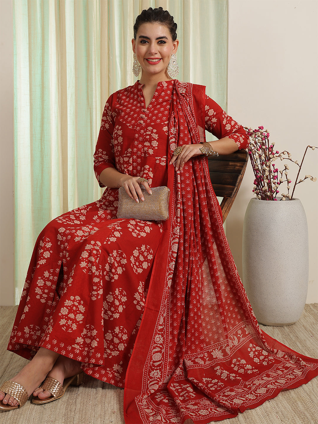 Rust Red Printed Anarkali Kurta &amp; Pant With Dupatta