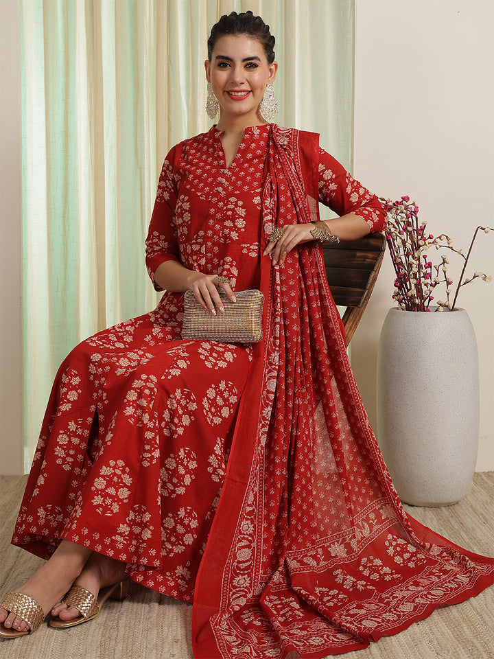 Rust Red Printed Anarkali Kurta &amp; Pant With Dupatta
