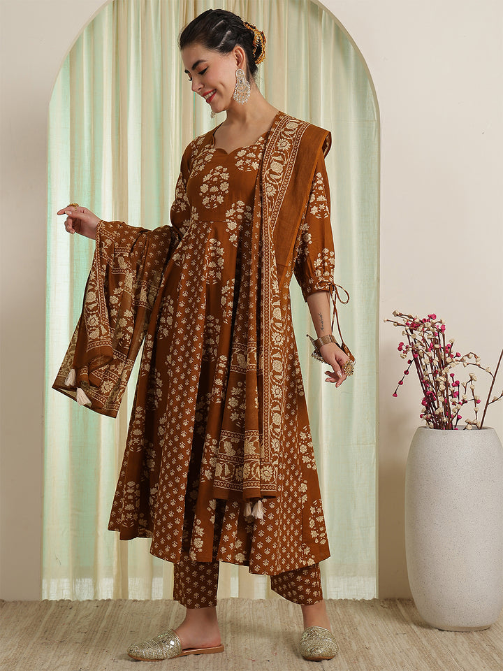 Gold Brown Printed Anarkali Kurta &amp; Pant With Dupatta