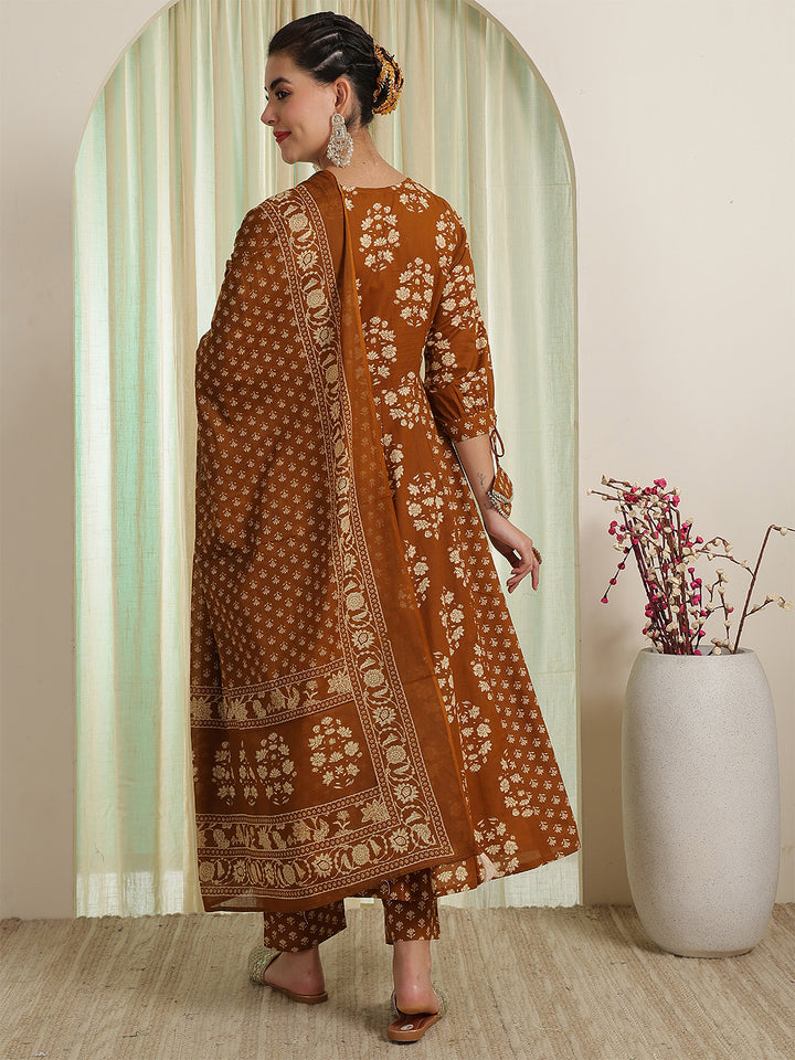 Gold Brown Printed Anarkali Kurta &amp; Pant With Dupatta