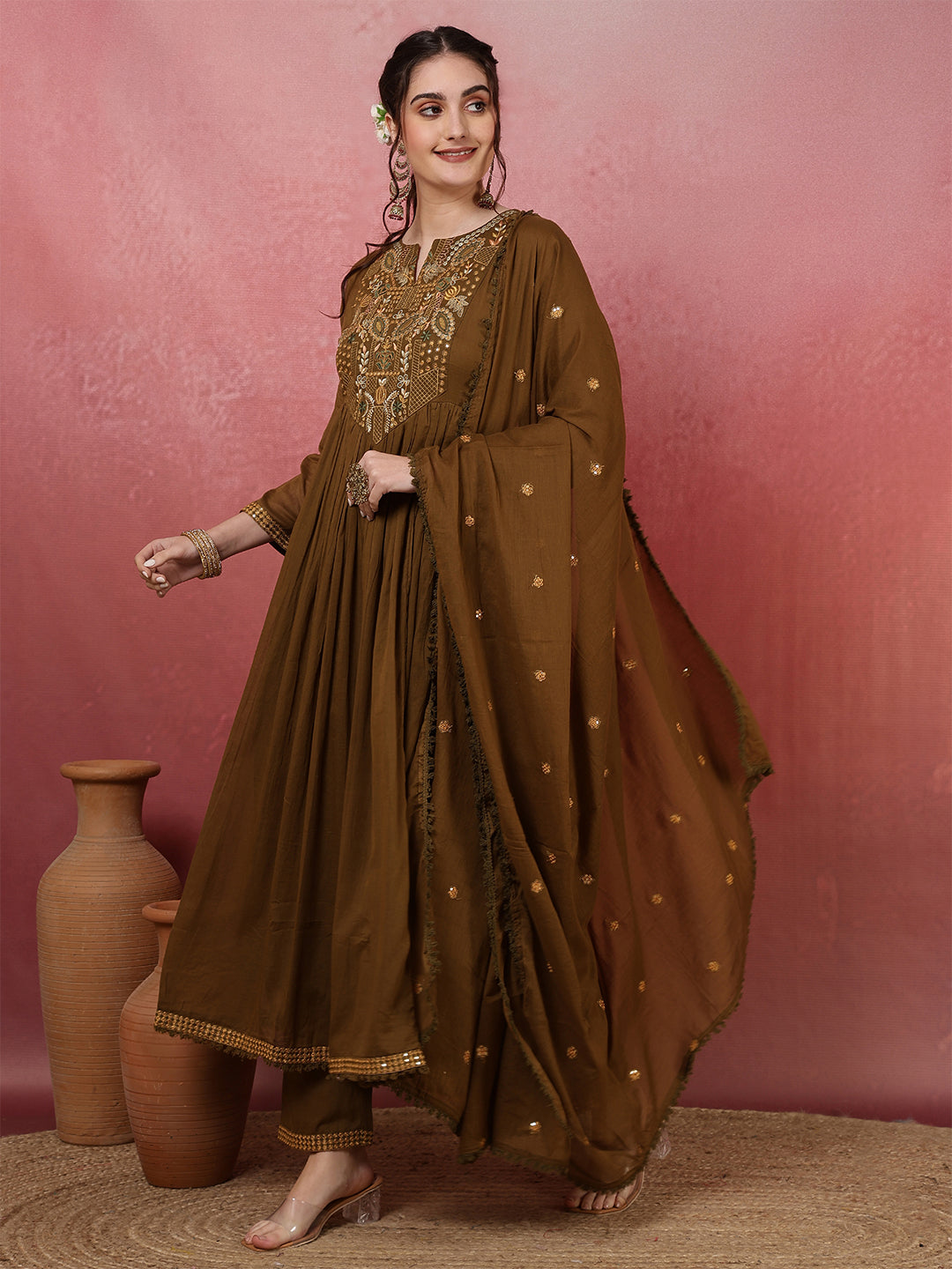 Embroidered Anarkali Kurta, Palazzos With Dupatta