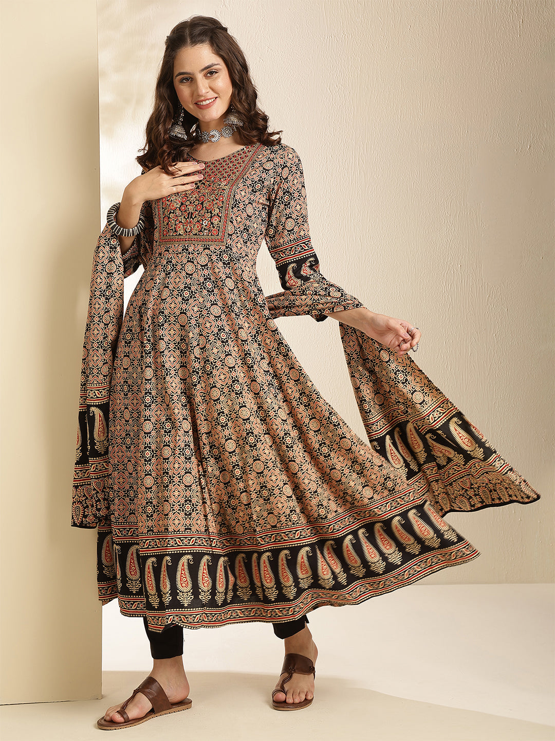 Black Floral Printed Embroidered Kurta &amp; Pant With Dupatta