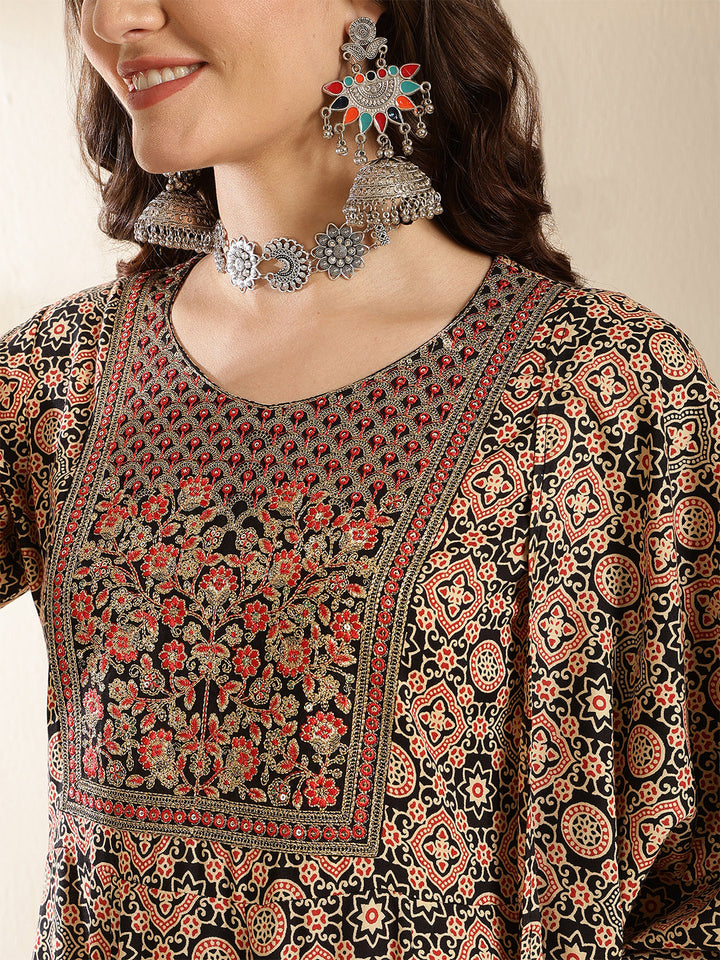 Black Floral Printed Embroidered Kurta &amp; Pant With Dupatta