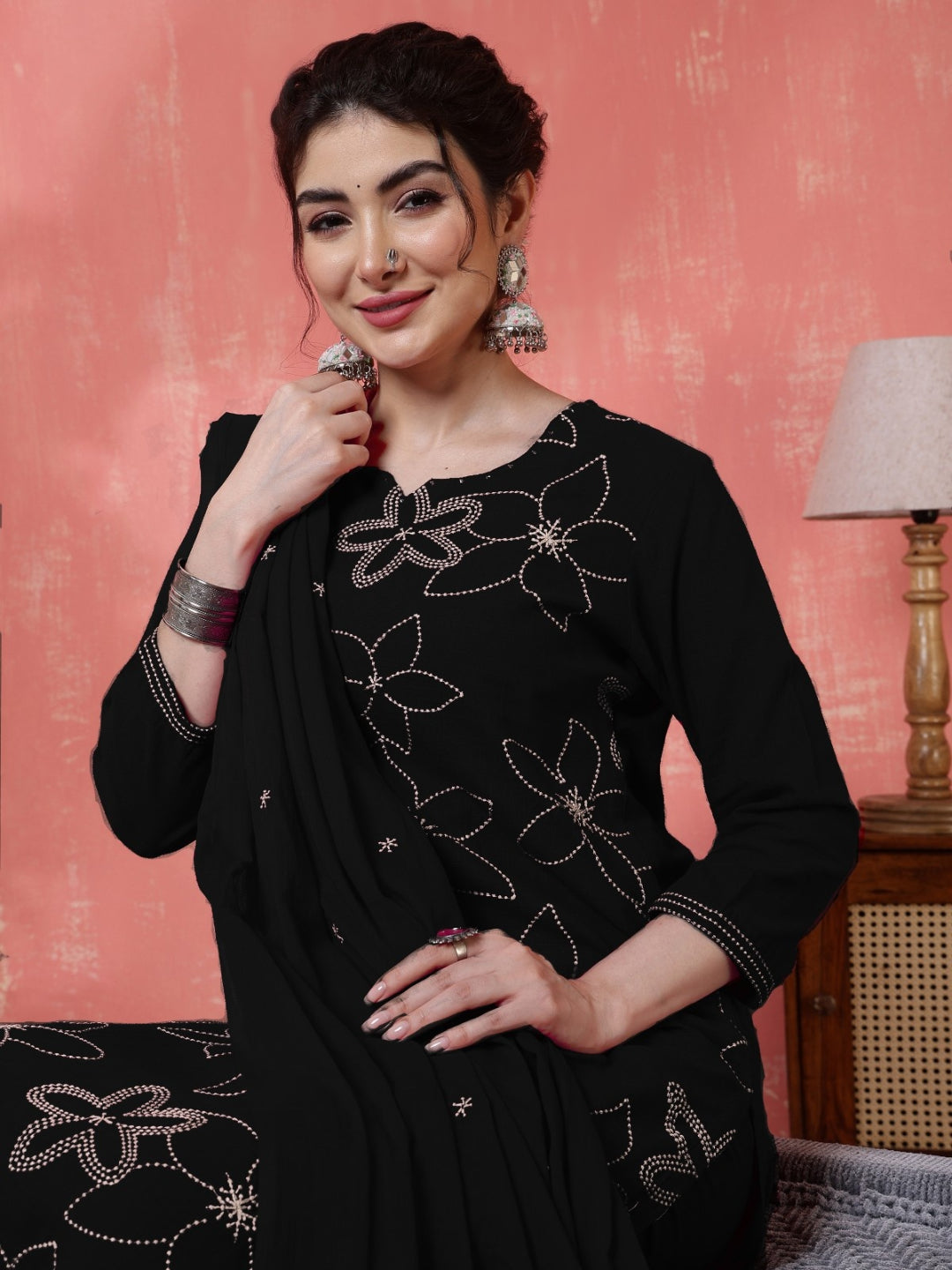 Pink Kurta Set with White Floral Embroidery and a Matching Dupatta
