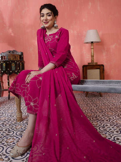 Pink Kurta Set with White Floral Embroidery and a Matching Dupatta
