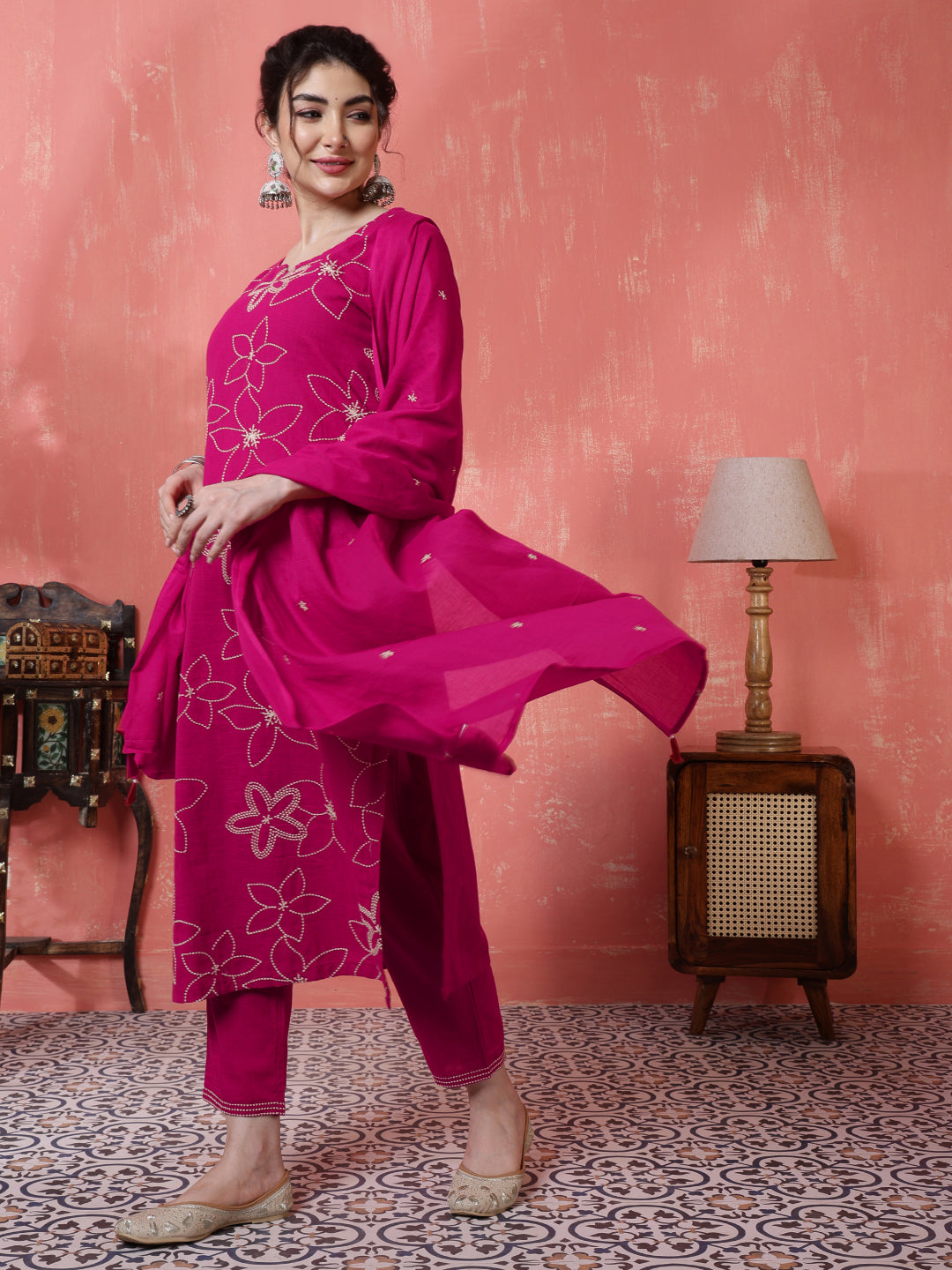 Pink Kurta Set with White Floral Embroidery and a Matching Dupatta