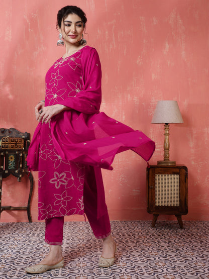 Pink Kurta Set with White Floral Embroidery and a Matching Dupatta