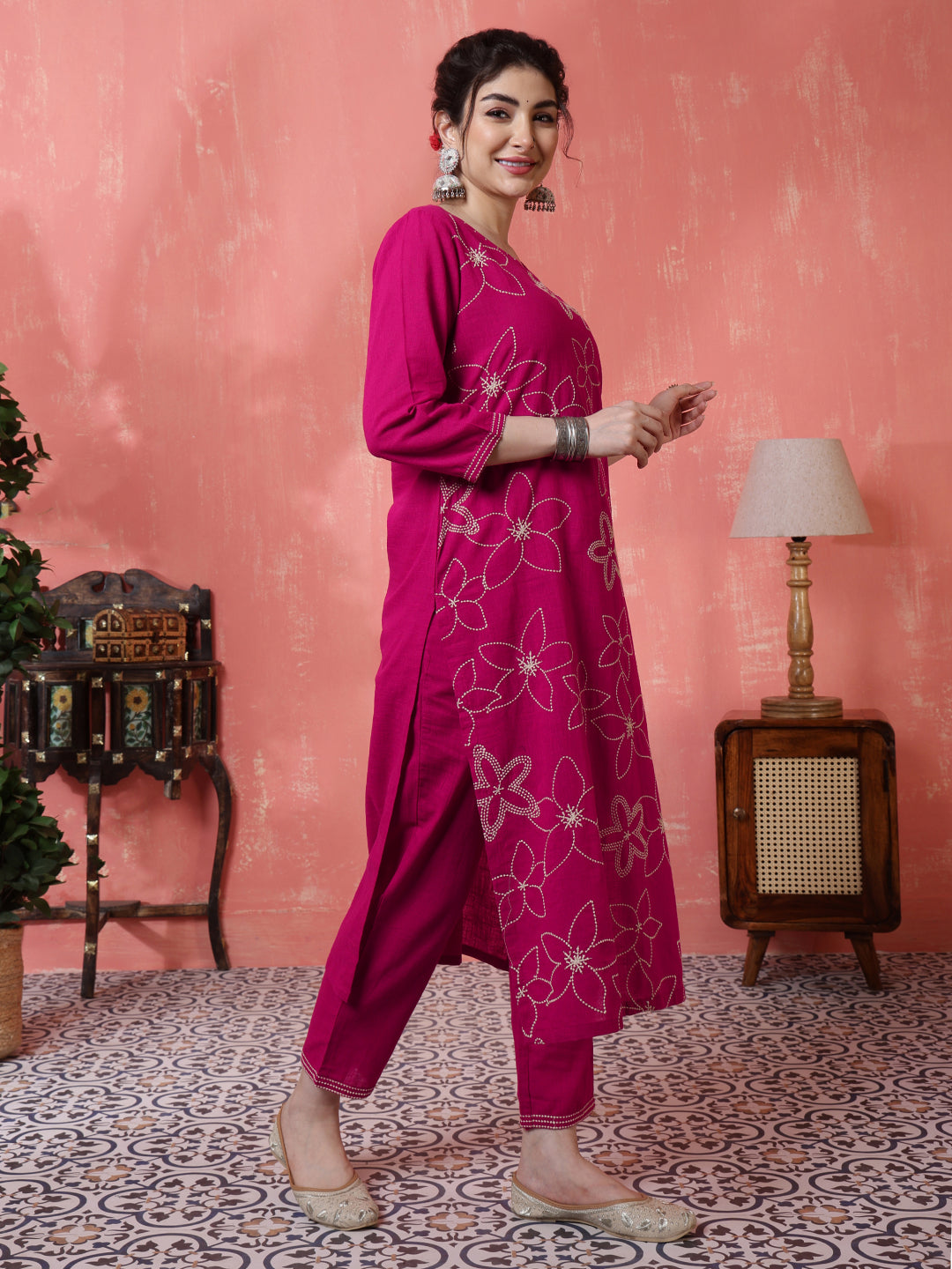 Pink Kurta Set with White Floral Embroidery and a Matching Dupatta