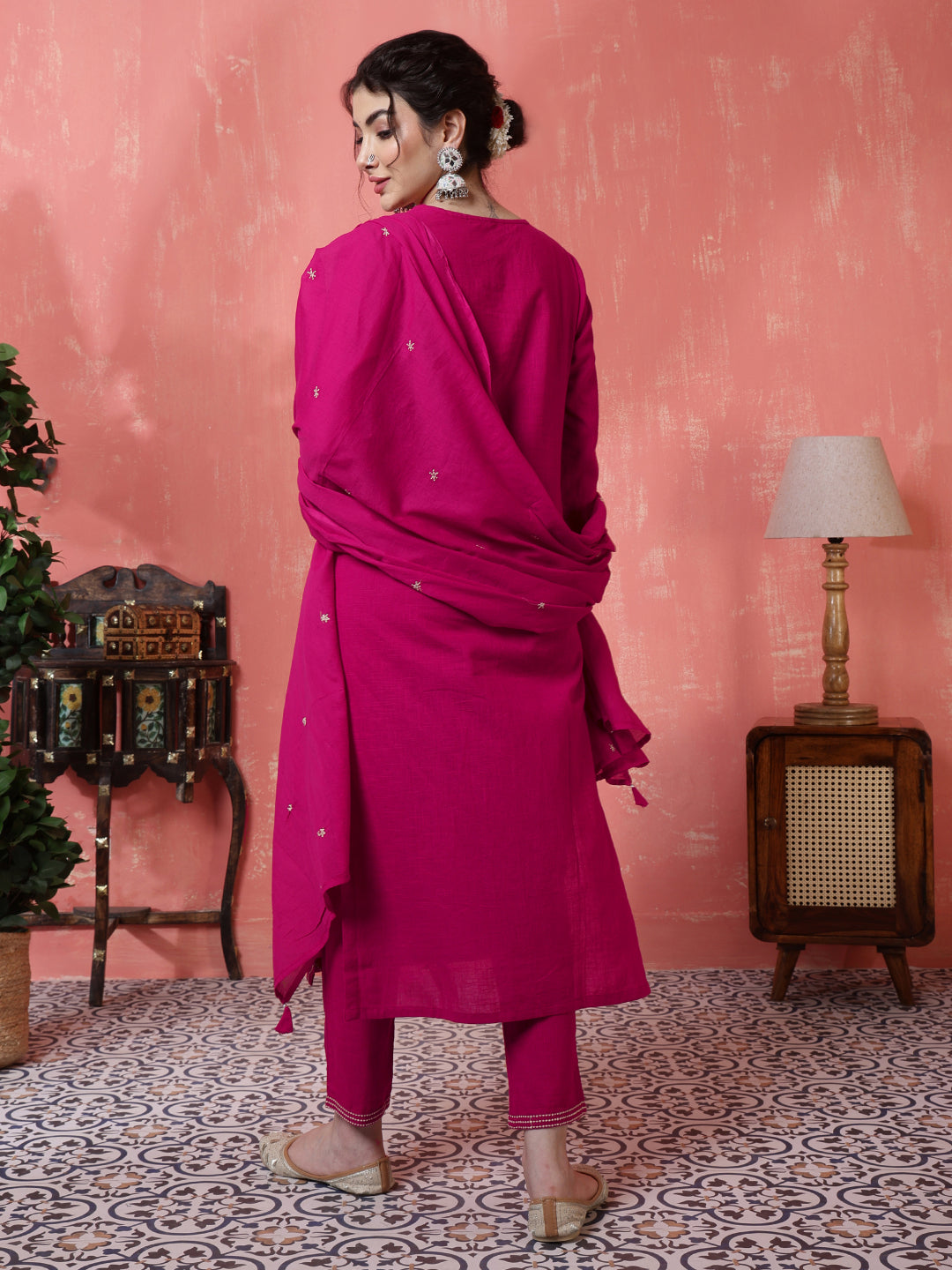 Pink Kurta Set with White Floral Embroidery and a Matching Dupatta