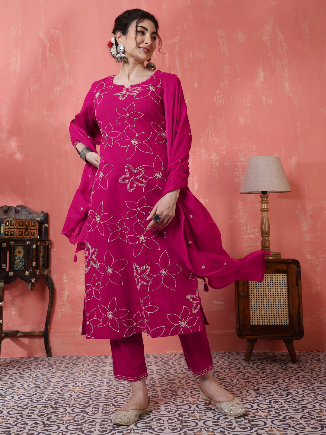 Pink Kurta Set with White Floral Embroidery and a Matching Dupatta