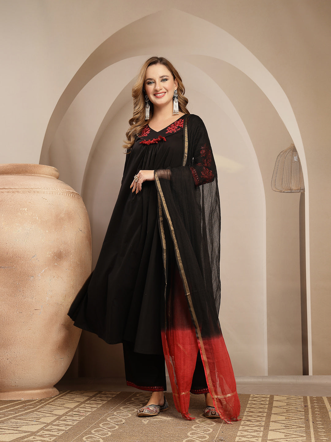 Embroidered Cotton Blend A-Line Kurta Set With Dupatta