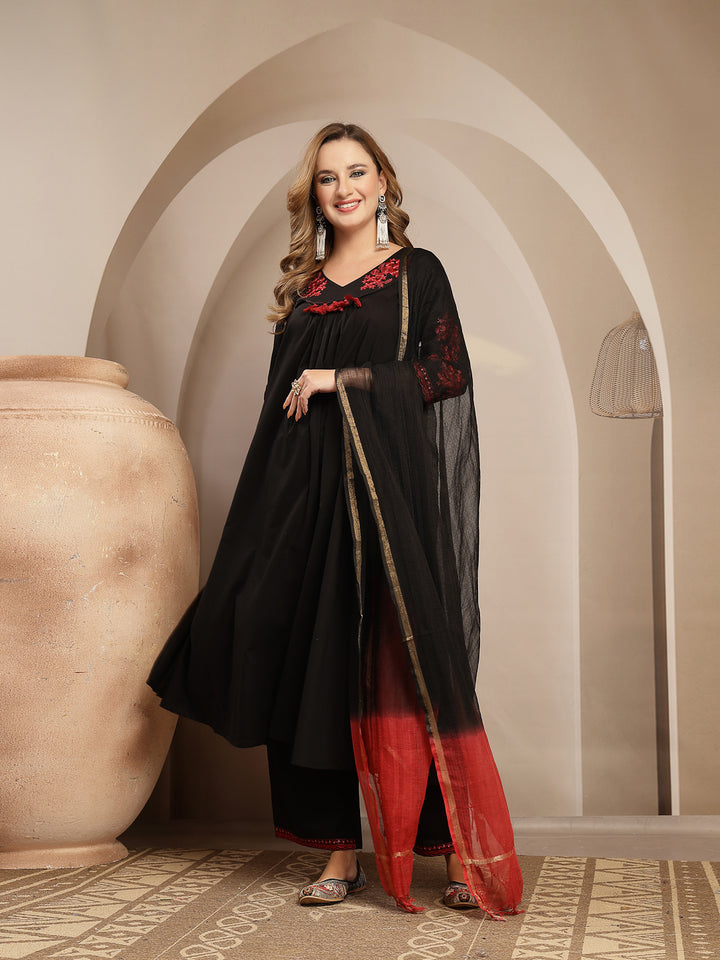 Embroidered Cotton Blend A-Line Kurta Set With Dupatta