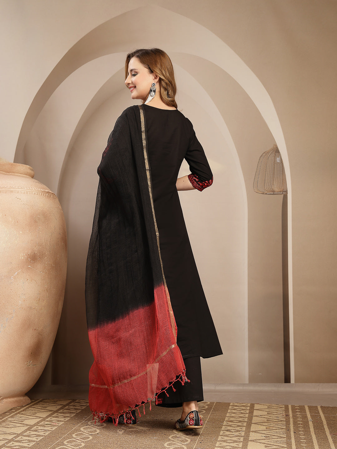 Embroidered Cotton Blend A-Line Kurta Set With Dupatta