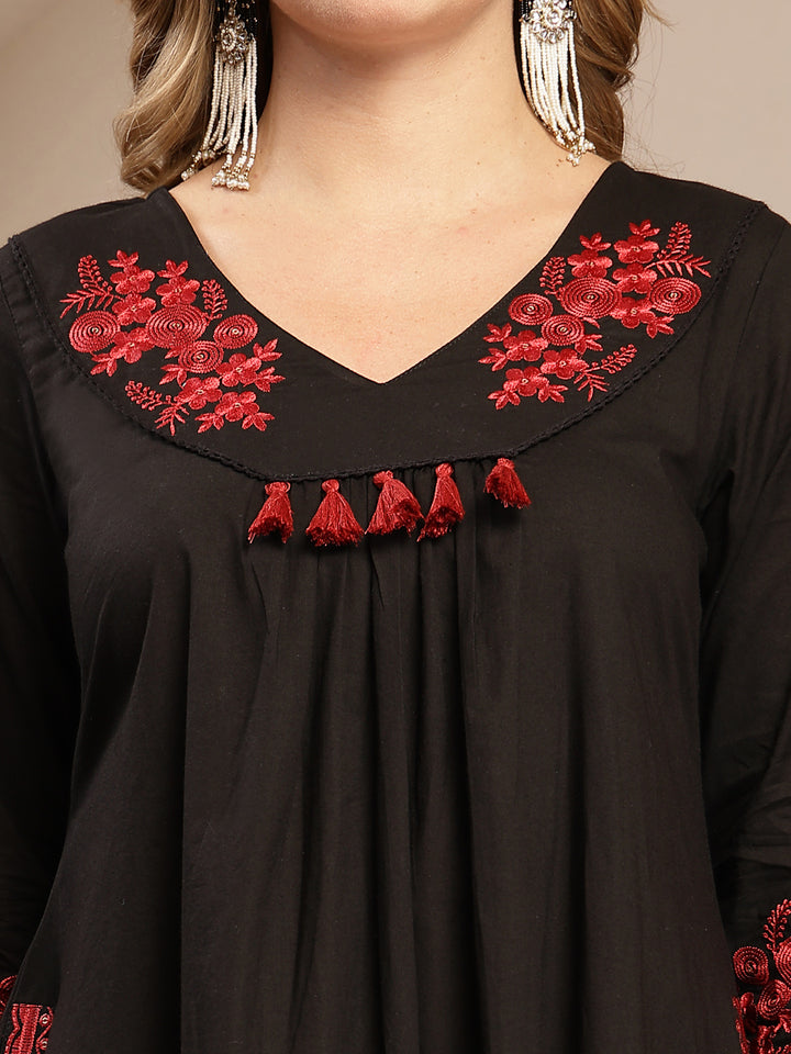 Embroidered Cotton Blend A-Line Kurta Set With Dupatta