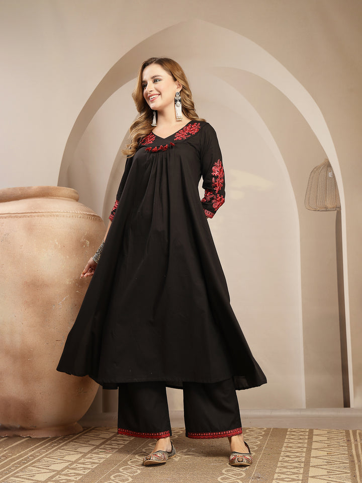 Embroidered Cotton Blend A-Line Kurta Set With Dupatta