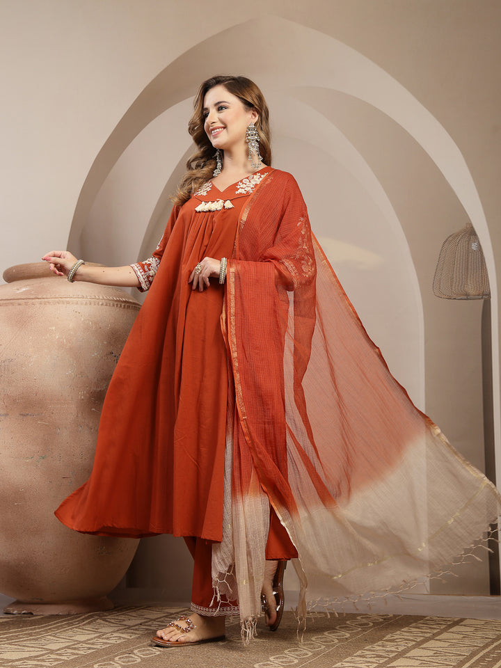 Embroidered Cotton Blend A-Line Kurta Set With Dupatta