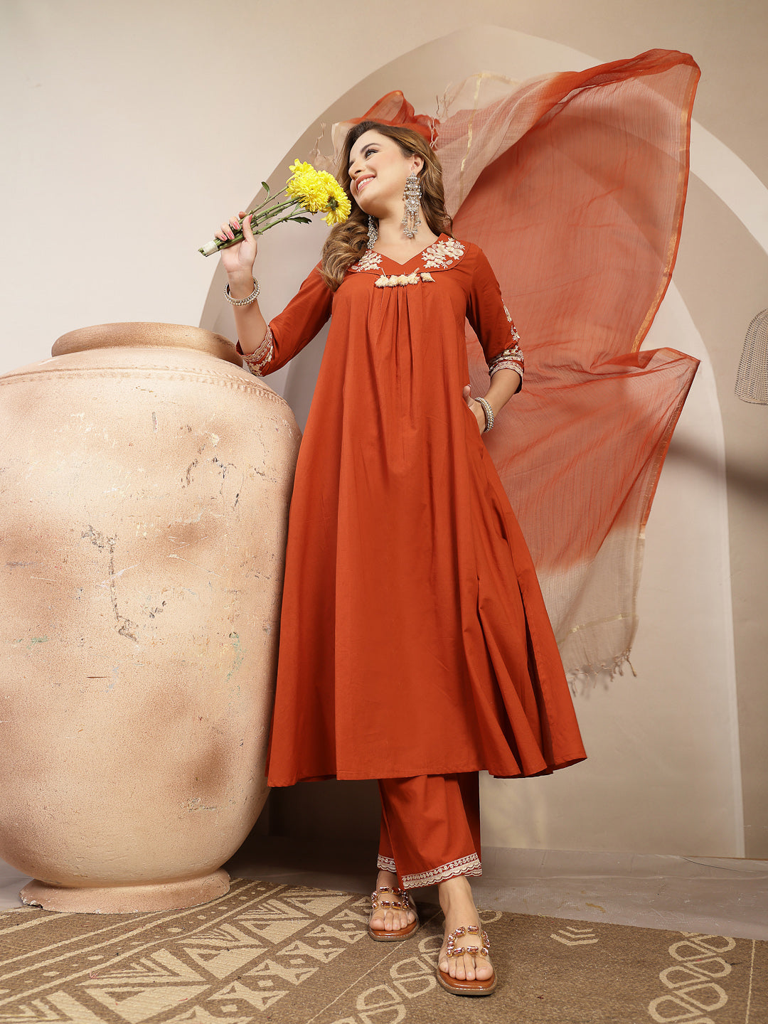 Embroidered Cotton Blend A-Line Kurta Set With Dupatta