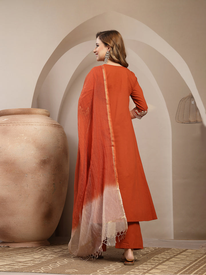 Embroidered Cotton Blend A-Line Kurta Set With Dupatta