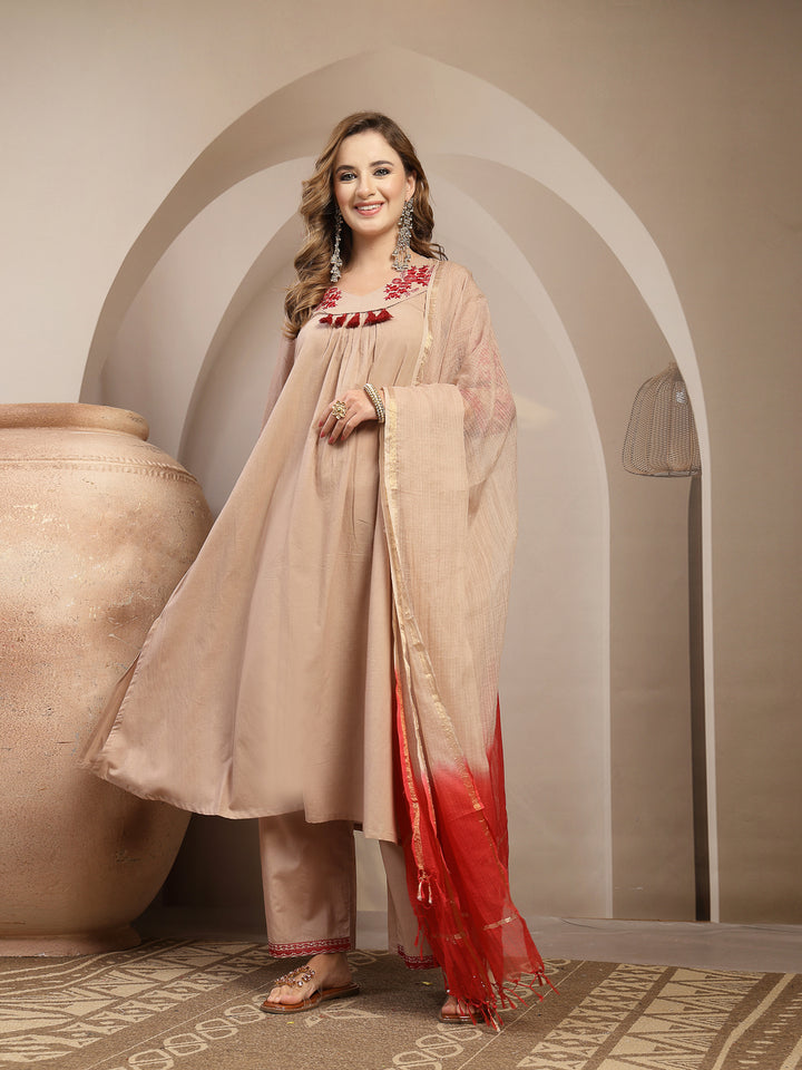 Embroidered Cotton Blend A-Line Kurta Set With Dupatta