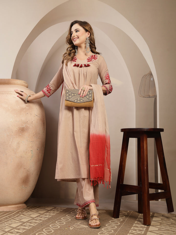 Embroidered Cotton Blend A-Line Kurta Set With Dupatta