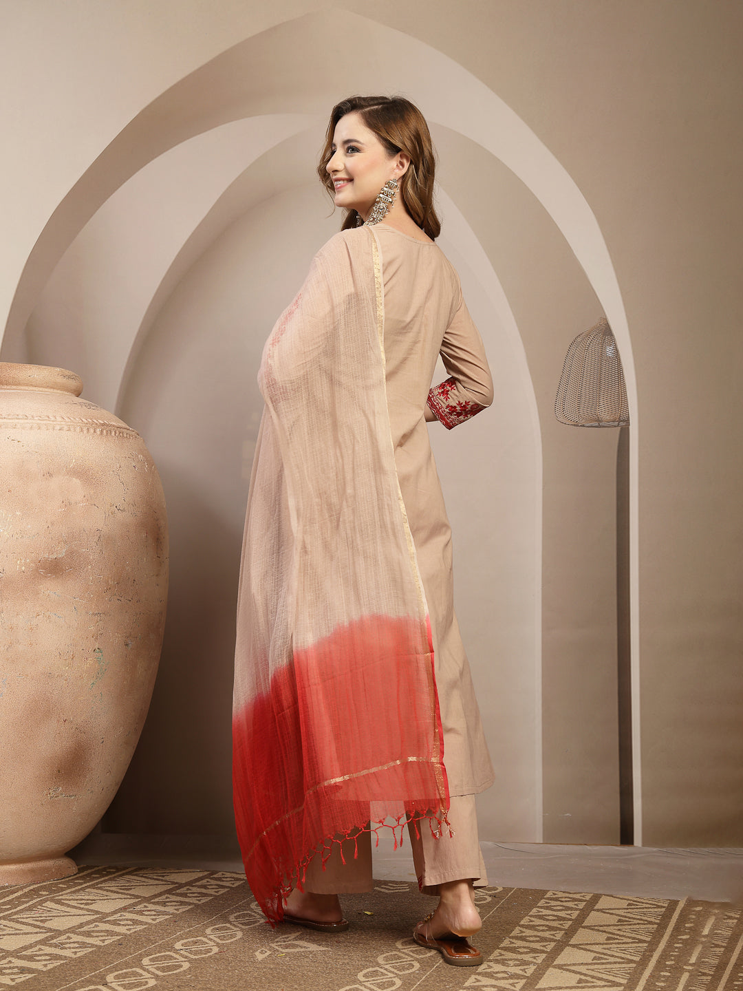Embroidered Cotton Blend A-Line Kurta Set With Dupatta