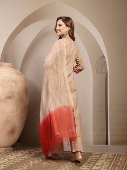 Embroidered Cotton Blend A-Line Kurta Set With Dupatta