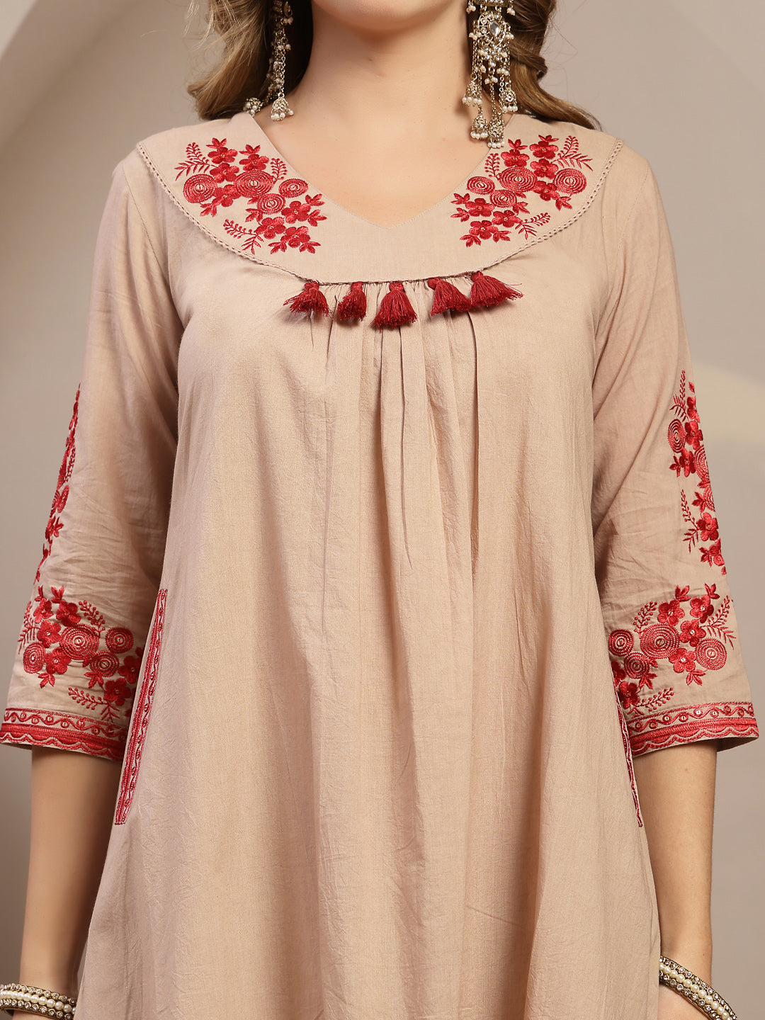 Embroidered Cotton Blend A-Line Kurta Set With Dupatta