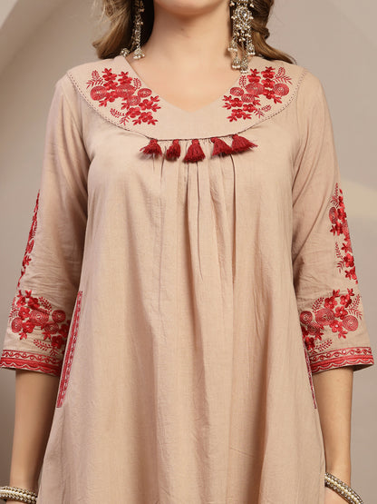 Embroidered Cotton Blend A-Line Kurta Set With Dupatta