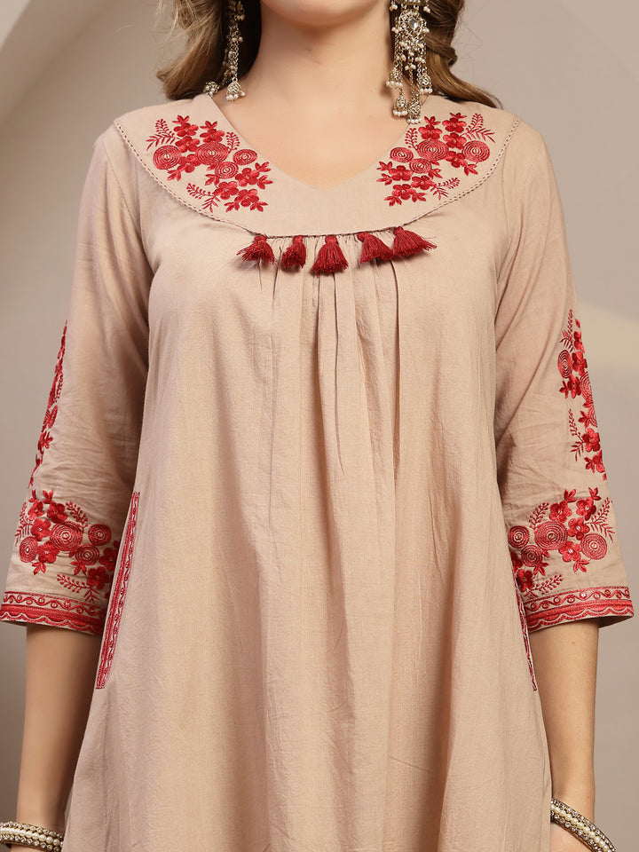 Embroidered Cotton Blend A-Line Kurta Set With Dupatta