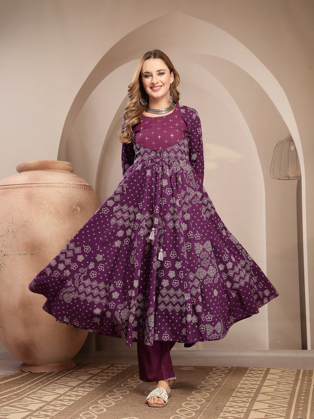 Embroidered Cotton Blend Anarkali Kurta Set With Dupatta