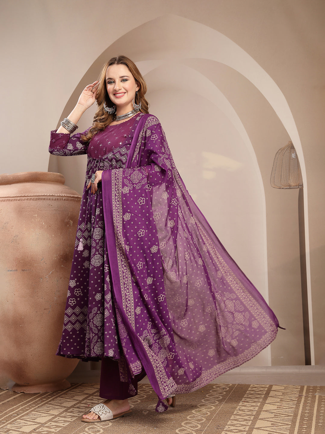 Embroidered Cotton Blend Anarkali Kurta Set With Dupatta