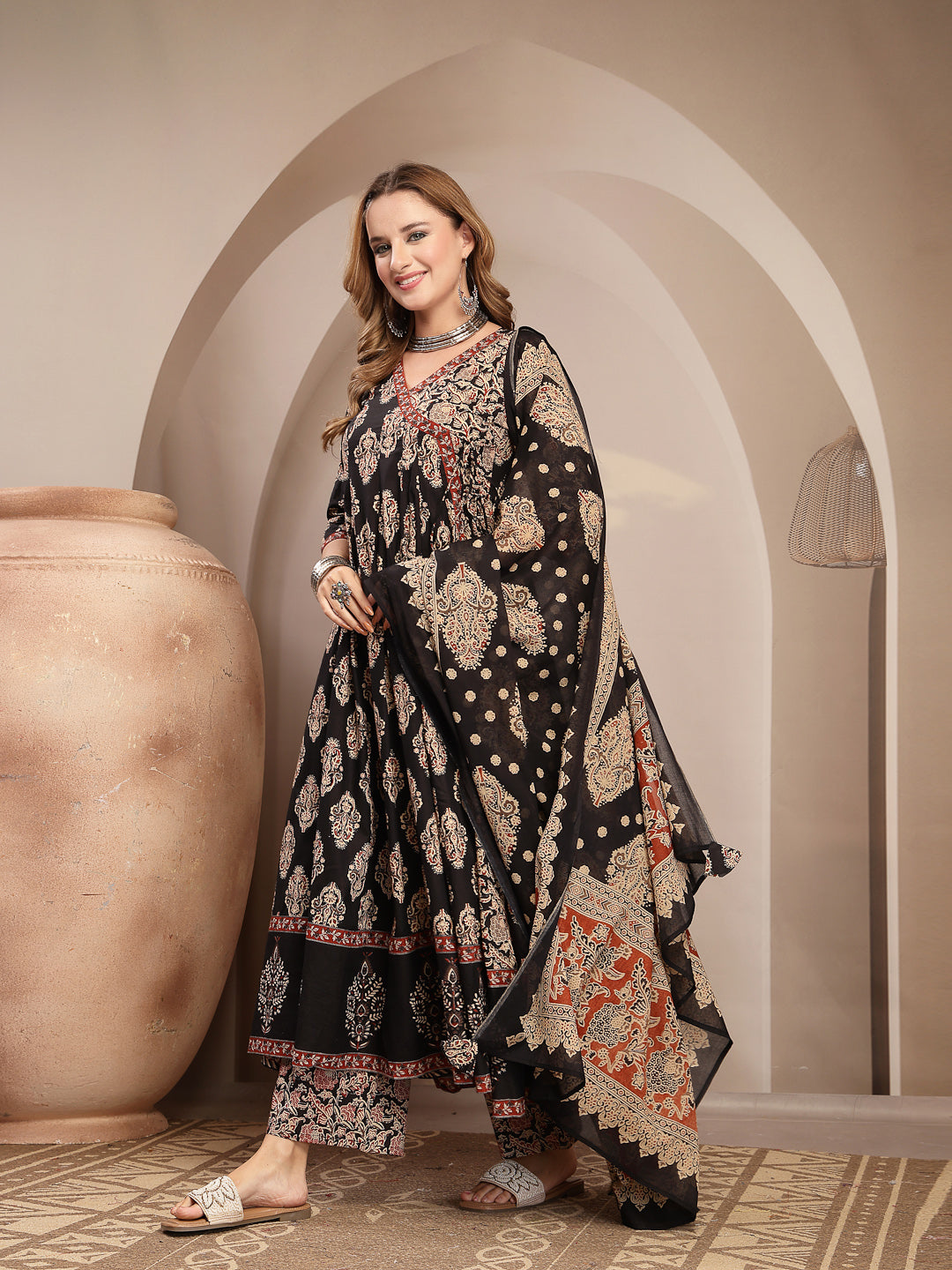 Printed Cotton Blend Anarkali Kurta Set With Dupatta